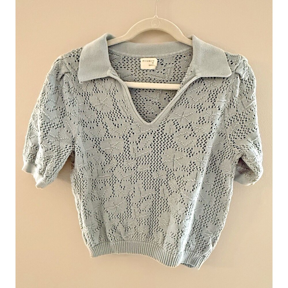 Dreamers by Debut - Small - Blue Floral Knit Short Sleeve V-Neck Sweater